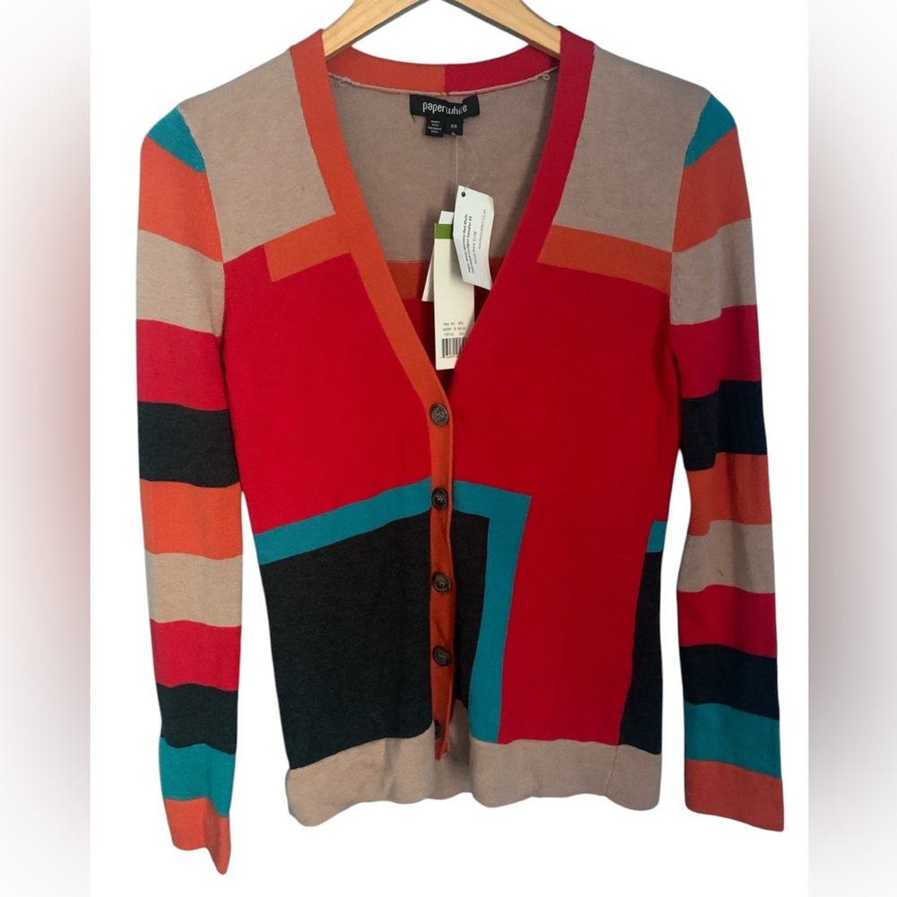 Paperwhite VTG Y2K Red Multi Color Block Cardigan Sweater NWT Size XS